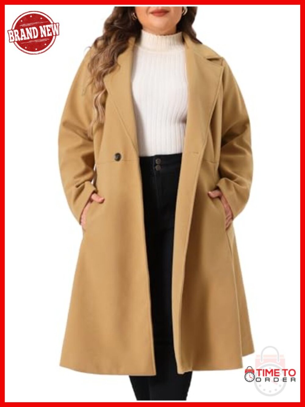 Plus Size Fully Lined Notch Lapel Double Breasted Long Trench Pea Coat